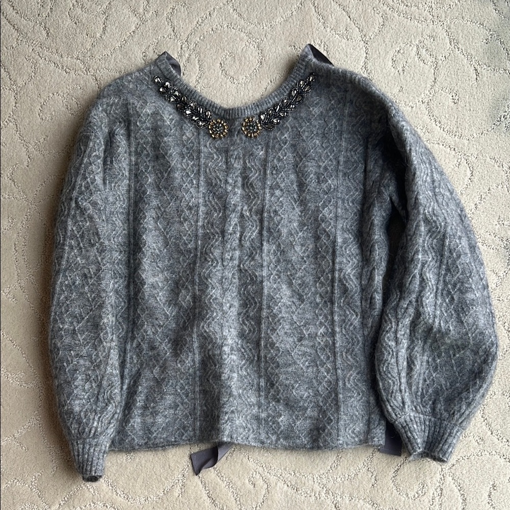 Uterque Gray Crew Neck Sweater with Embellished Neckline. Mint condition